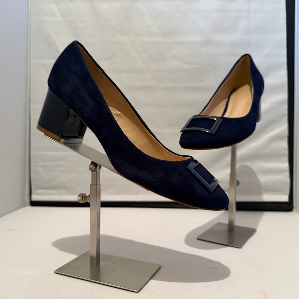 Crown & Ivy Navy Suede Beckie Buckle Block Heel Pumps